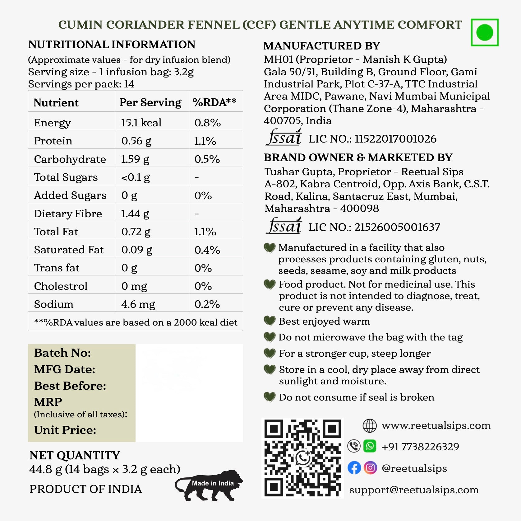 CCF - Cumin Coriander Fennel - Daily Anytime Comfort